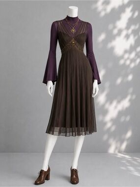 ECI Dress Brown Beaded Sequin Sleeveless Mesh Whimsigoth Retro 20s Midi Size 8